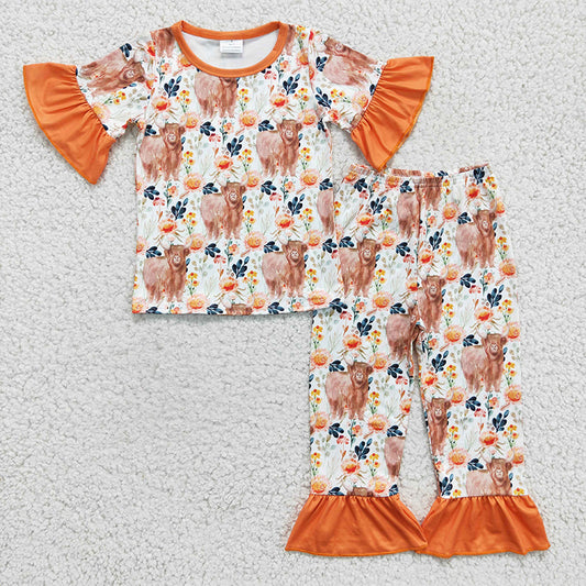 GSPO0222 Baby Girl Highland Cow Floral Western Pajamas Outfit