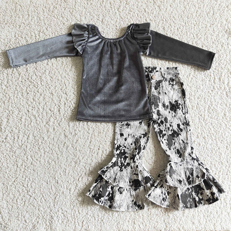 Baby Girl Grey Velvet Shirt With Jeans Denim Pants