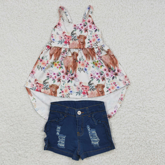Baby Girl Kids Western Highland Cow Floral Top Denim Shorts Outfit