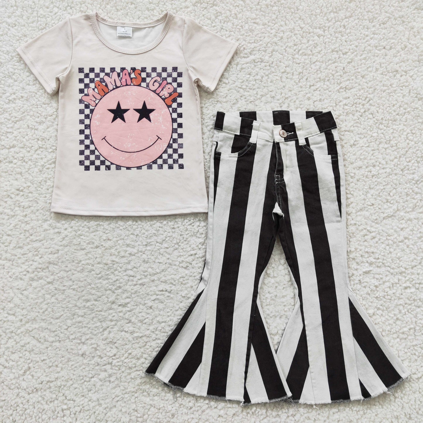 Baby Kids Short Sleeves Mama's Girl Shirt Striped Denim Jeans Pants Outfit