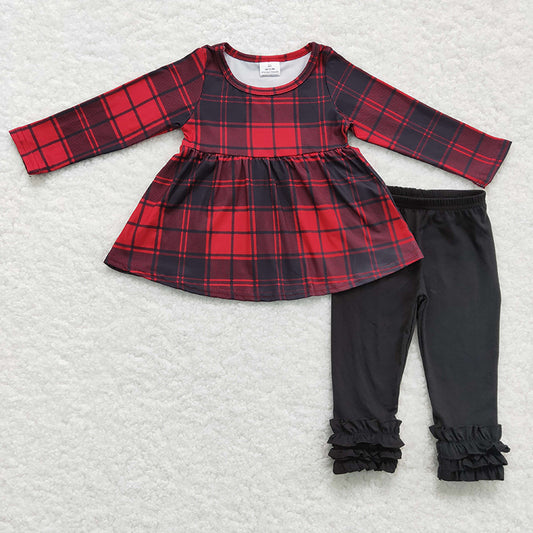 GLP0330 Baby Girl Kids Christmas Plaid Black Cotton Pants Outfit