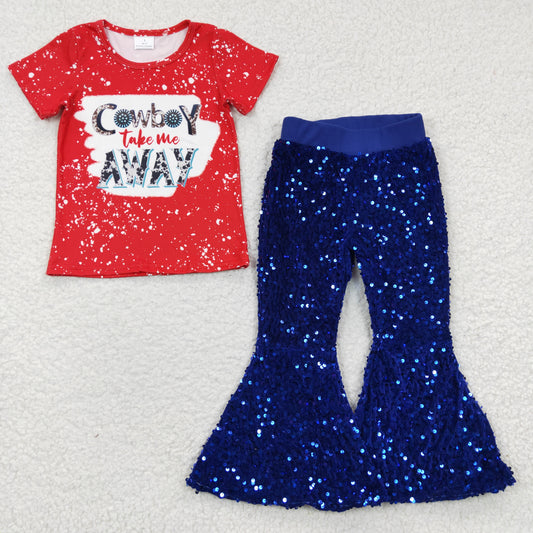 Baby Girl Kids Western Short Sleeves Shirt Blue Sequins Pants Outfit