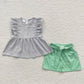A9-22 Baby Girl Short Sleeves Striped Woven Tunic Pocket Green Shorts Summer Outfit
