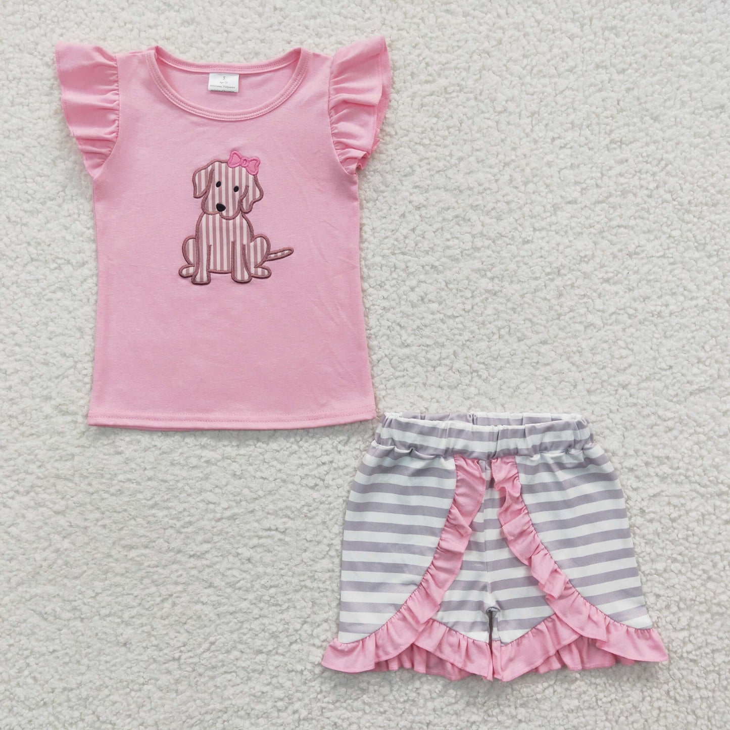 GSSO0223 Baby Girl Embroidery Dog Short Sleeves Pink Shirt Striped Ruffle Shorts Summer Outfit