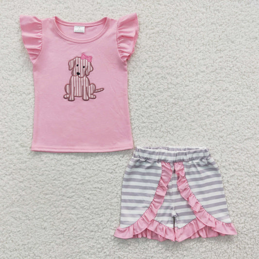 GSSO0223 Baby Girl Embroidery Dog Short Sleeves Pink Shirt Striped Ruffle Shorts Summer Outfit