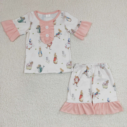 GSSO0155 Baby Girl Easter Short Sleeves Rabbit Bunny Ruffle Shorts Pajamas Outfit