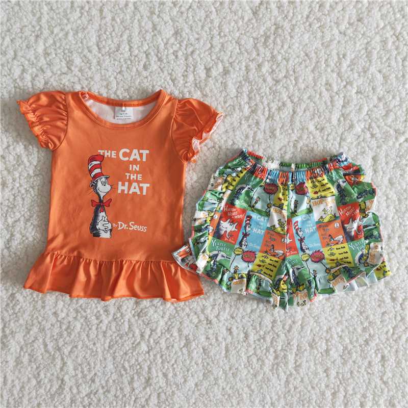 Orange Ruffle Cat Shorts Set