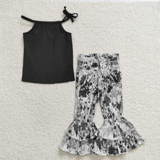 Baby Girl Tassel Black Top Denim Pants Jeans Outfit