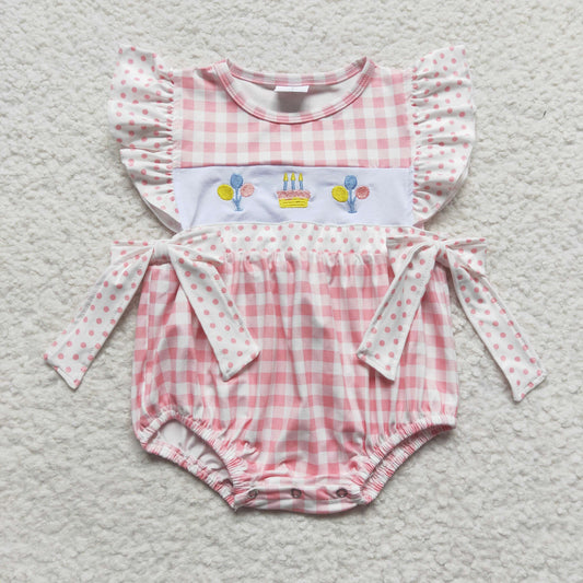 SR0269 Baby Girl Pink Plaid Summer Short Sleeves Birthday Bubble Romper