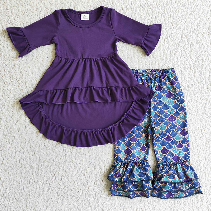 6 A15-12 Baby Girl Purple high-low tunic mermaid scale pants set