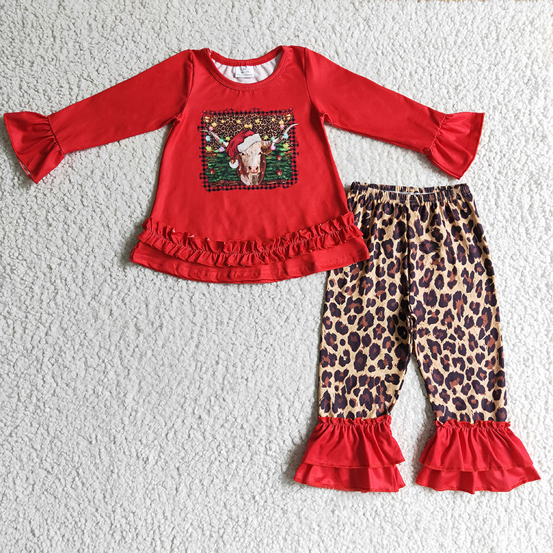 GLP0343 Christmas Baby Girl Western Cow Kids Leopard Bell Pants Outfit