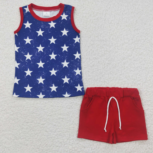 BSSO0220 Baby Boy July 4th Star Tank Shirt Red Cotton Shorts Summer Outfit