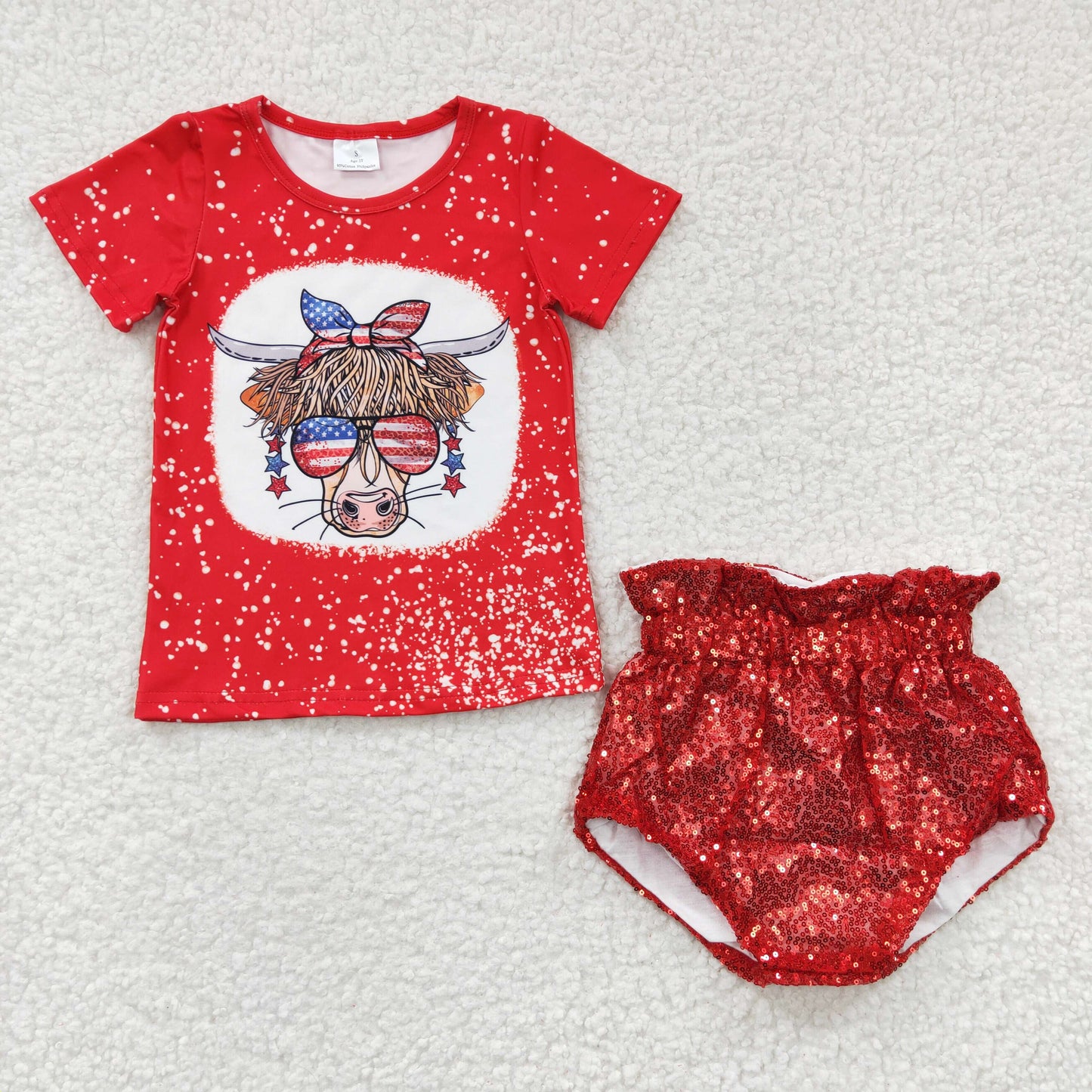 July 4th Baby Girl Westen Cow Short Sleeves Shirt Sequins Bummie Summer Outfit