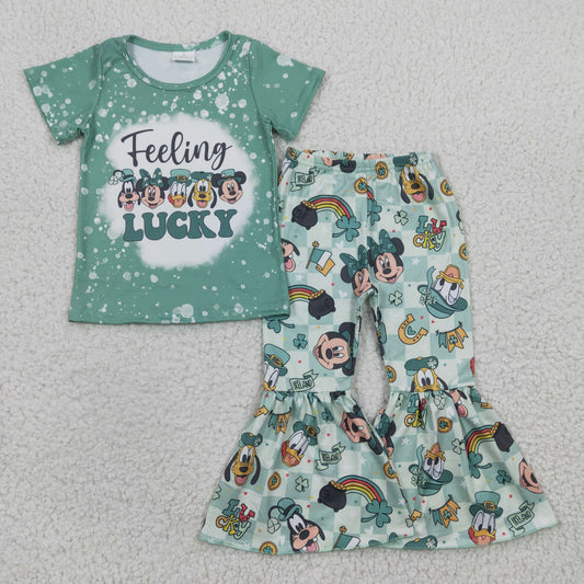 GSPO0430 St. Patrick's Day Baby Girl Short Sleevees Mouse Bell Pants Set