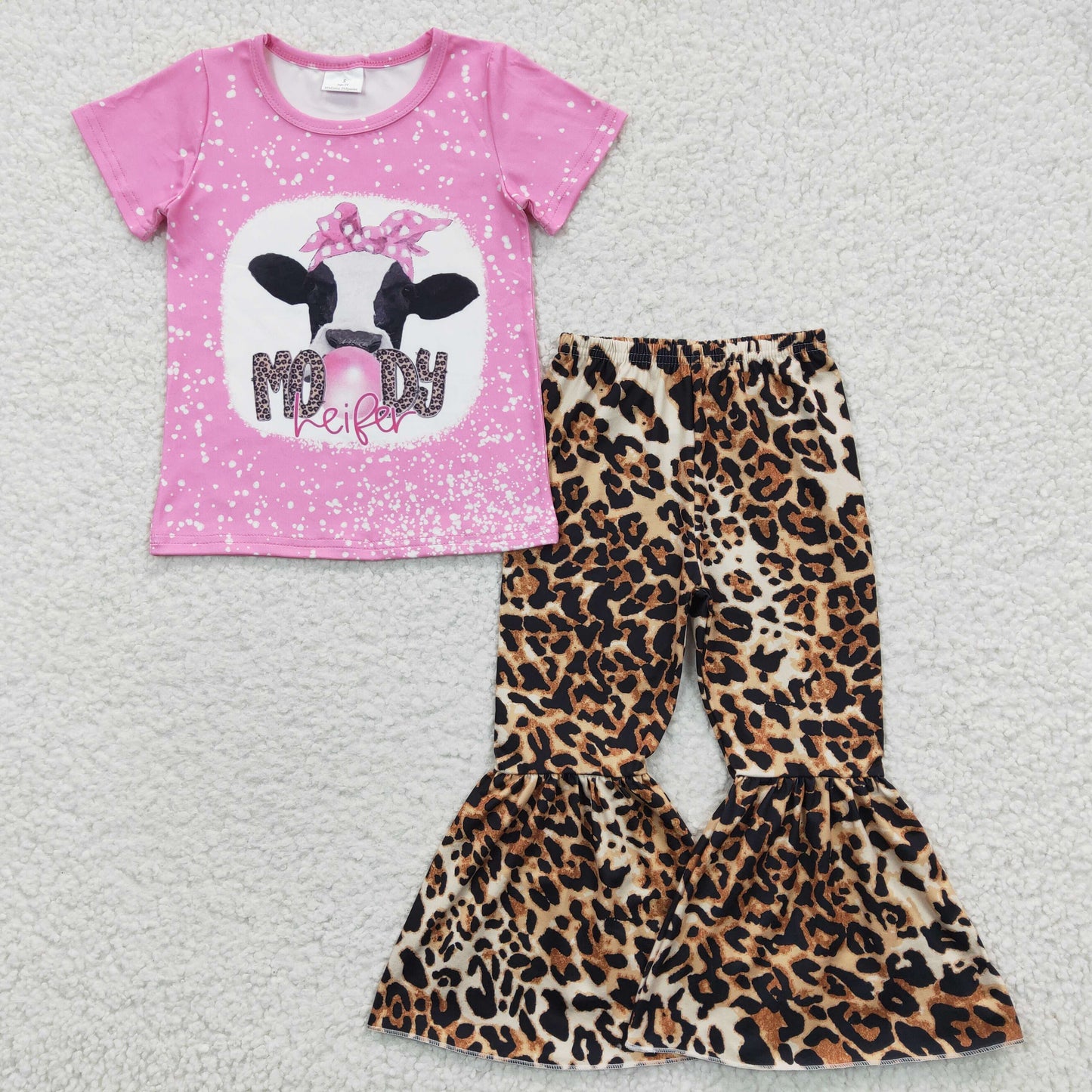 Baby Girl Western Pink Short Sleeves Moody Heifer Shirt Leopard Bell Pants Oufit