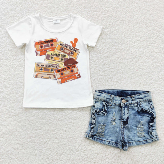 Baby Girl Western Short Sleeves Tape Shirt Denim Shorts Outfit