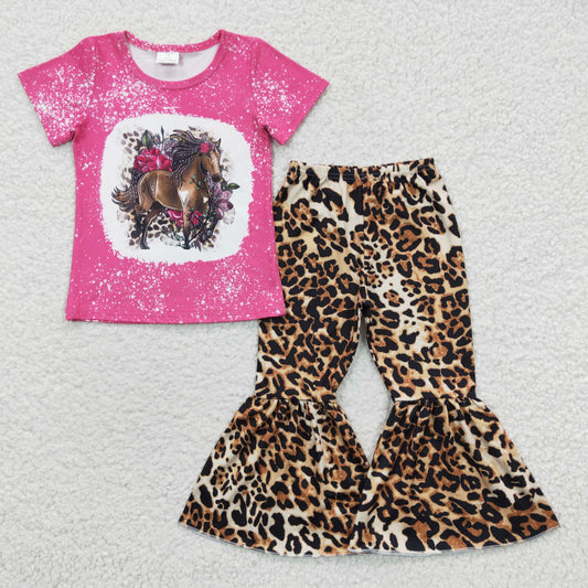 Baby Girl Western Short Sleeves Horse Floral Shirt Leopard Bell Pants Oufit