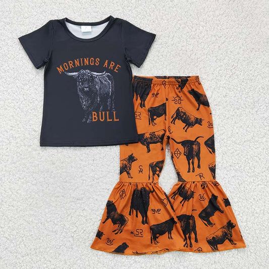 GSPO0286 Baby Girl Mornings are bull Western Cow Bell Pants Set