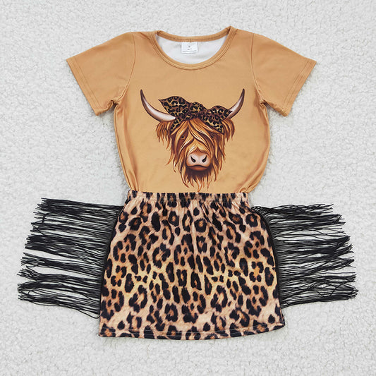 GSD0301 Baby Girl Western Cow Tassel Leopard Skirt Summer Outfit