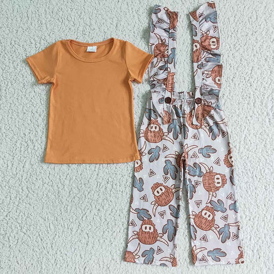 GSPO0096 Baby Girl Western Cow Overalls Pants Outfit