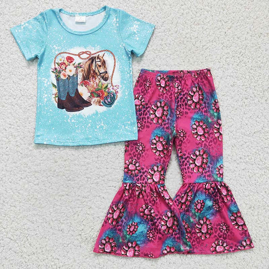 GSPO0312 Baby Kids Western Horse Boots Girl Bell Pants Set