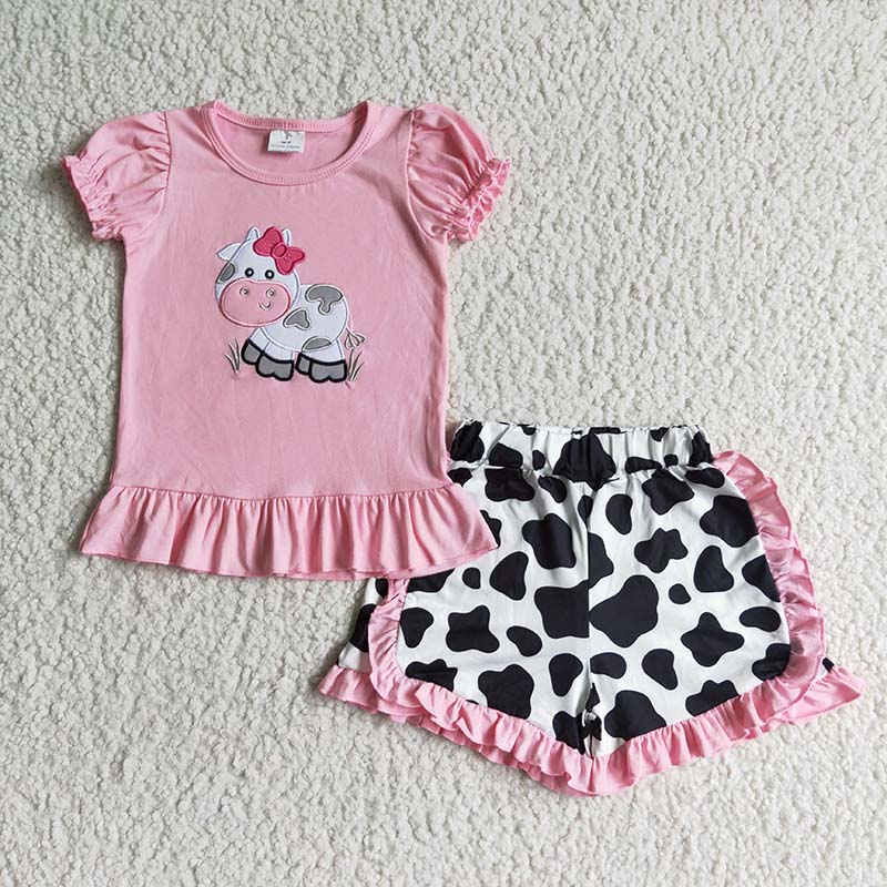 GSSO0105 Baby Girl Summer Embroidery Cow Shorts Outfit