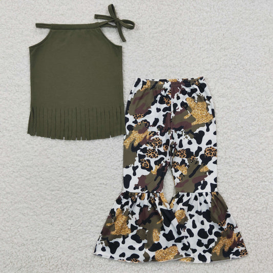 GSPO0300 Baby Girl Tassel Tank Western Cow Print Camo Bell Pants Outfit