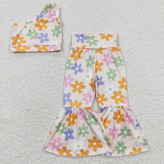GSPO0525 Baby Girl Floral One Shoulder Top Bell Pant Ribbed Outfit