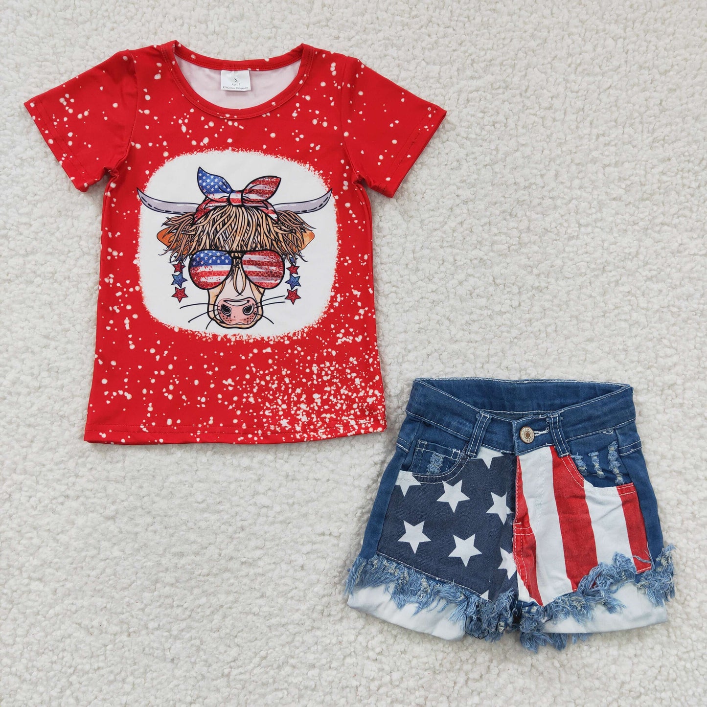 Baby Girl Western Cow Red Short Sleeves Shirt Star Striped Denim Shorts Outfit