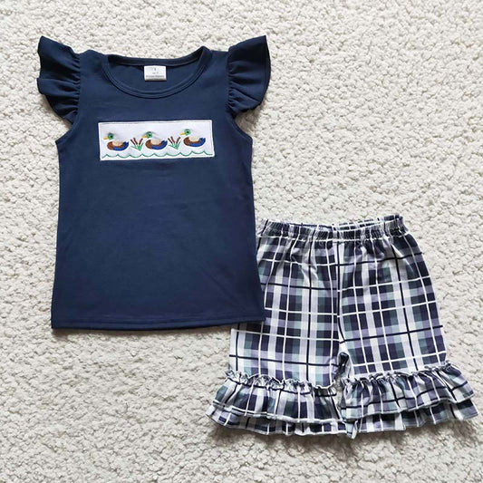 GSSO0156 Baby Girl Embroidery Duck Cotton Shirt Plaid Shorts Summer Outfit