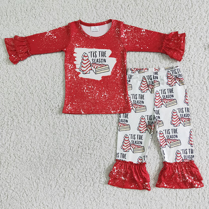 6 B13-30 Baby Girl Red Long Sleeve Christmas Tree Cake Pants Outfit