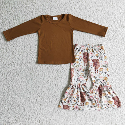 GLP0277 Baby Girl Kids Brown Cotton Top Highland Cow Pants Clothing Set