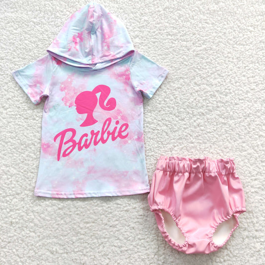 Baby Girl Short Sleeves Hoodie Shirt Pink Doll Leather Bummie Summer Birthday Outfit