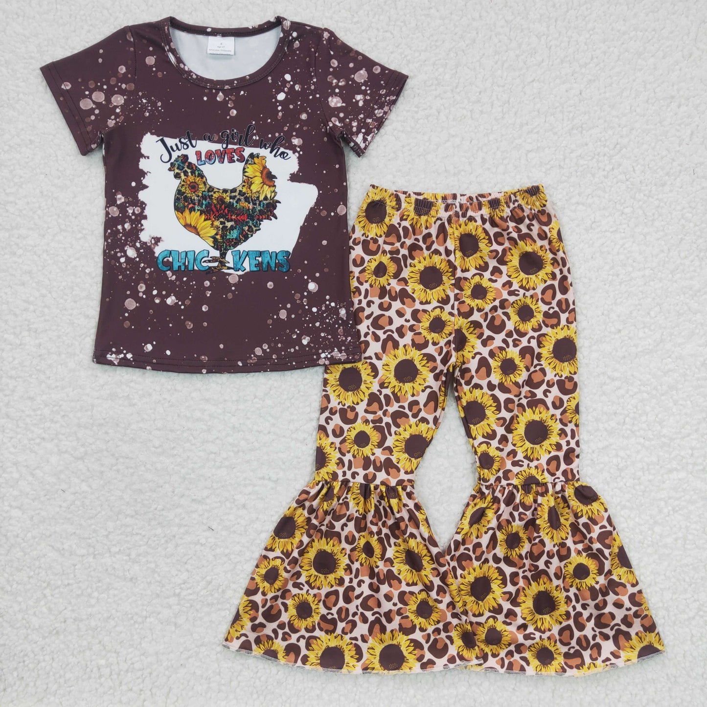 GSPO0370 Baby Girl Short Sleeves Chicken Shirt Sunflower Leopard Bell Pants Outfit