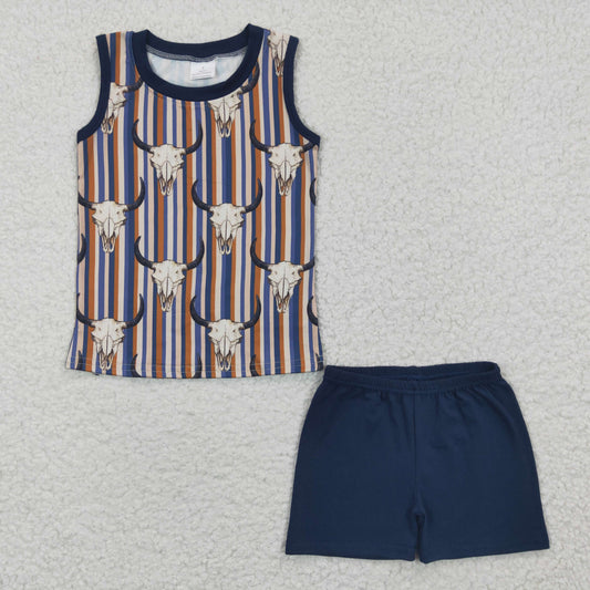 BSSO0217 Baby Boy Western Cow Tank Striped Shorts Summer Outfit