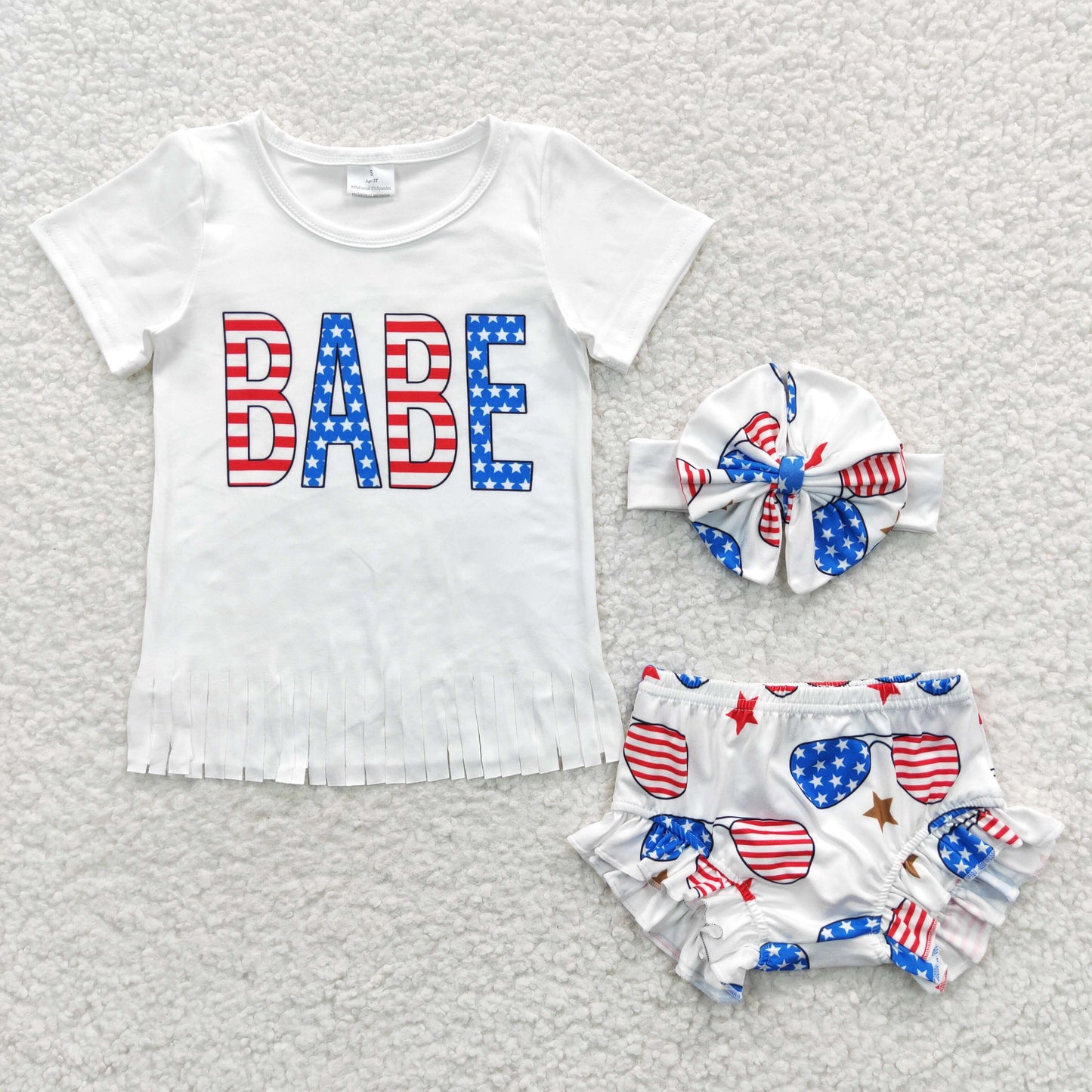 GBO0127 Baby Girl July 4th Short Sleeves Tassel Shirt Star Bummie Summer Outfit