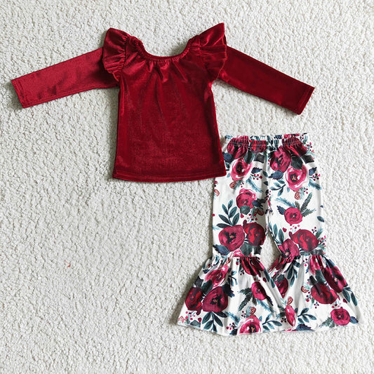 GLP0361 Baby Girl Red Velvet Floral Bell Pants Kids Spring Fall Outfit