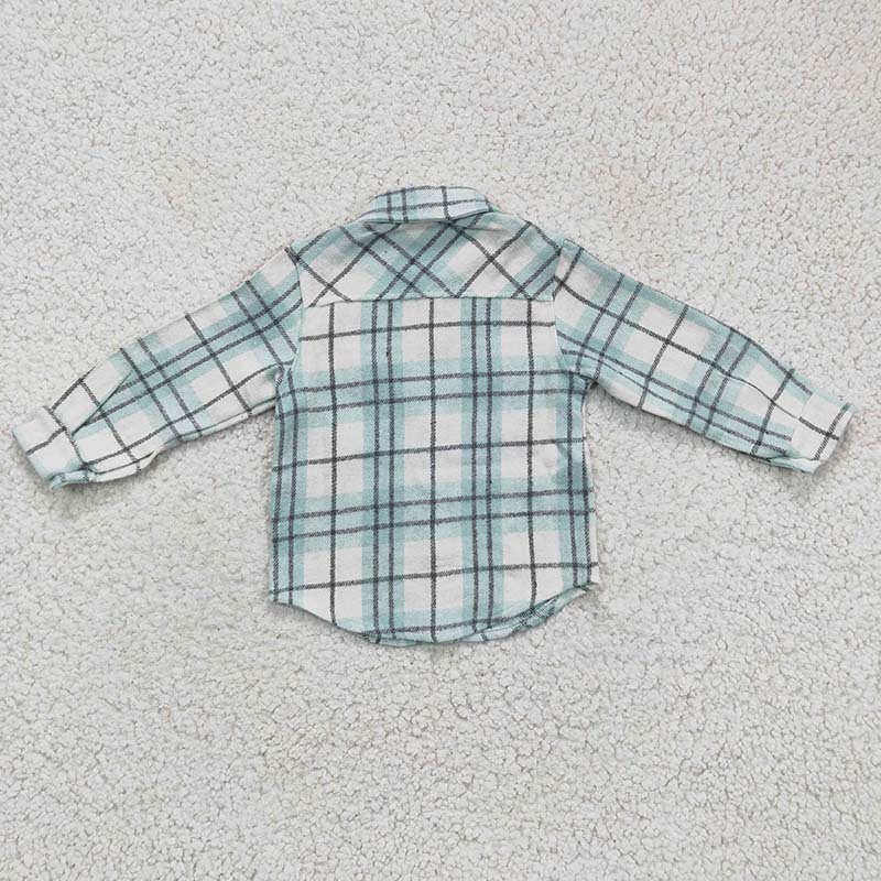 BT0169 Baby Girl Kids Green Plaid Cotton Pocket Flannel Button Up Shirt