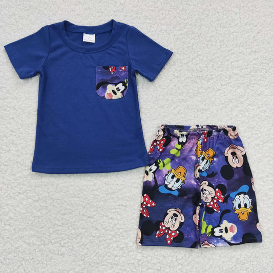 BSSO0163 Summer Baby Boy Blue Short Sleeves Pocket Shirt Cartoon Mouse Shorts Outfit