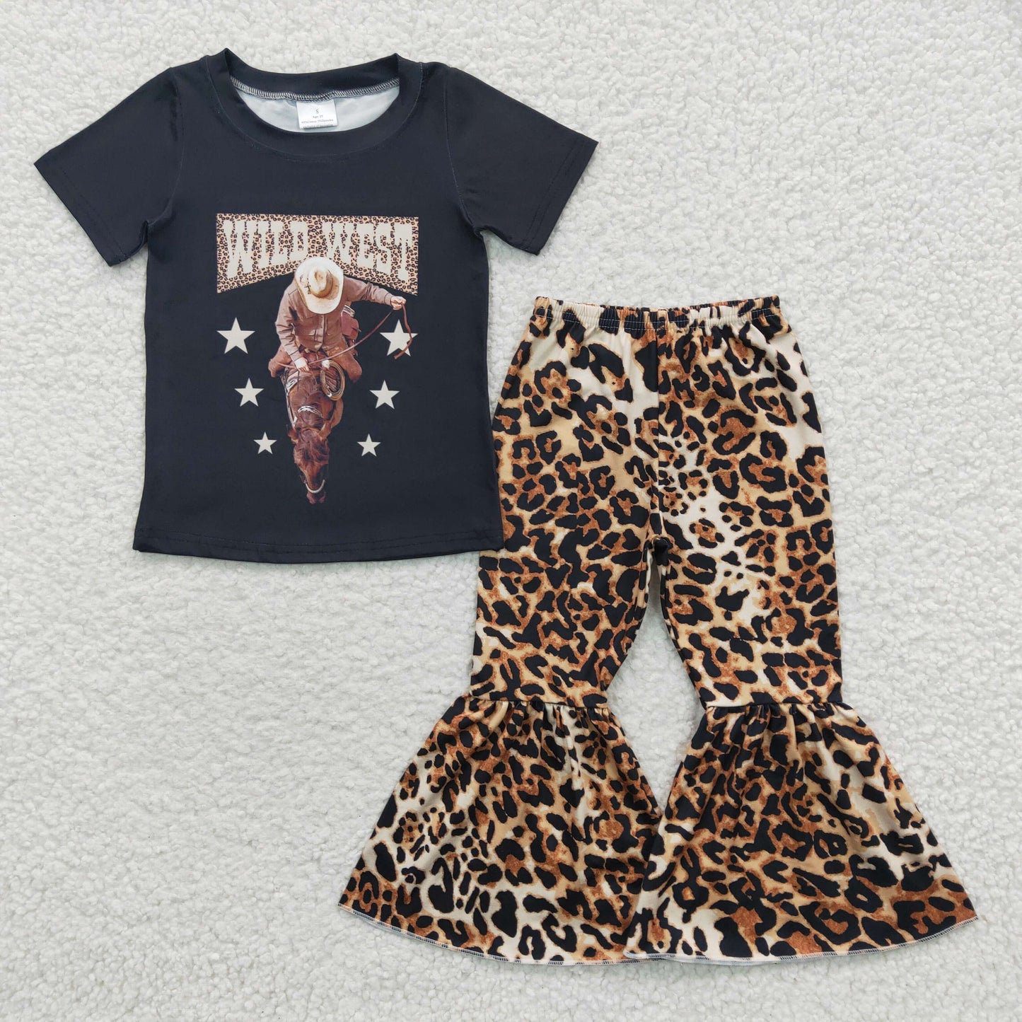 Baby Girl Western Short Sleeves Rodeo Horse Shirt Leopard Bell Pants Oufit