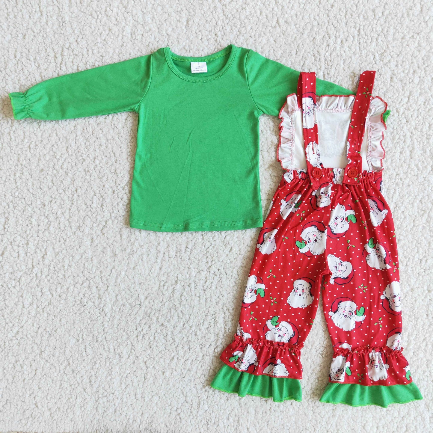 6 C7-4 Baby Girl Christmas Santa Green Cotton Shirt Overall Outfit