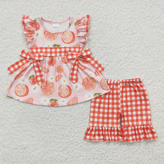 GSSO0239 Baby Girl Short Sleeves Orange Floral Shorts Summer Outfit