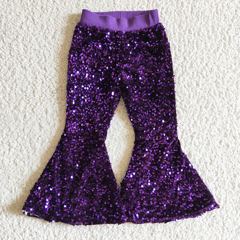 P0032 Sequins Baby Girl Purple Glitter Sequins With Lining Bell Pants