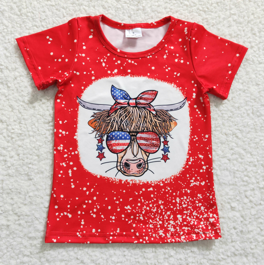 GT0114 July 4th Western Cow Baby Girl Short Sleeves Red Shirt