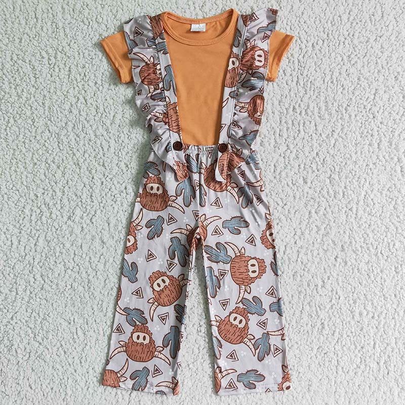 GSPO0096 Baby Girl Western Cow Overalls Pants Outfit