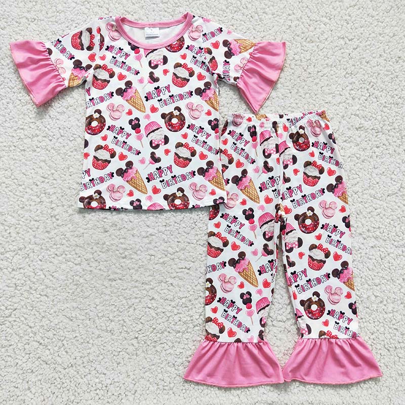 GSPO0306 Baby Girl Short Sleeves Birthday Cake Pants Pajamas Outfit