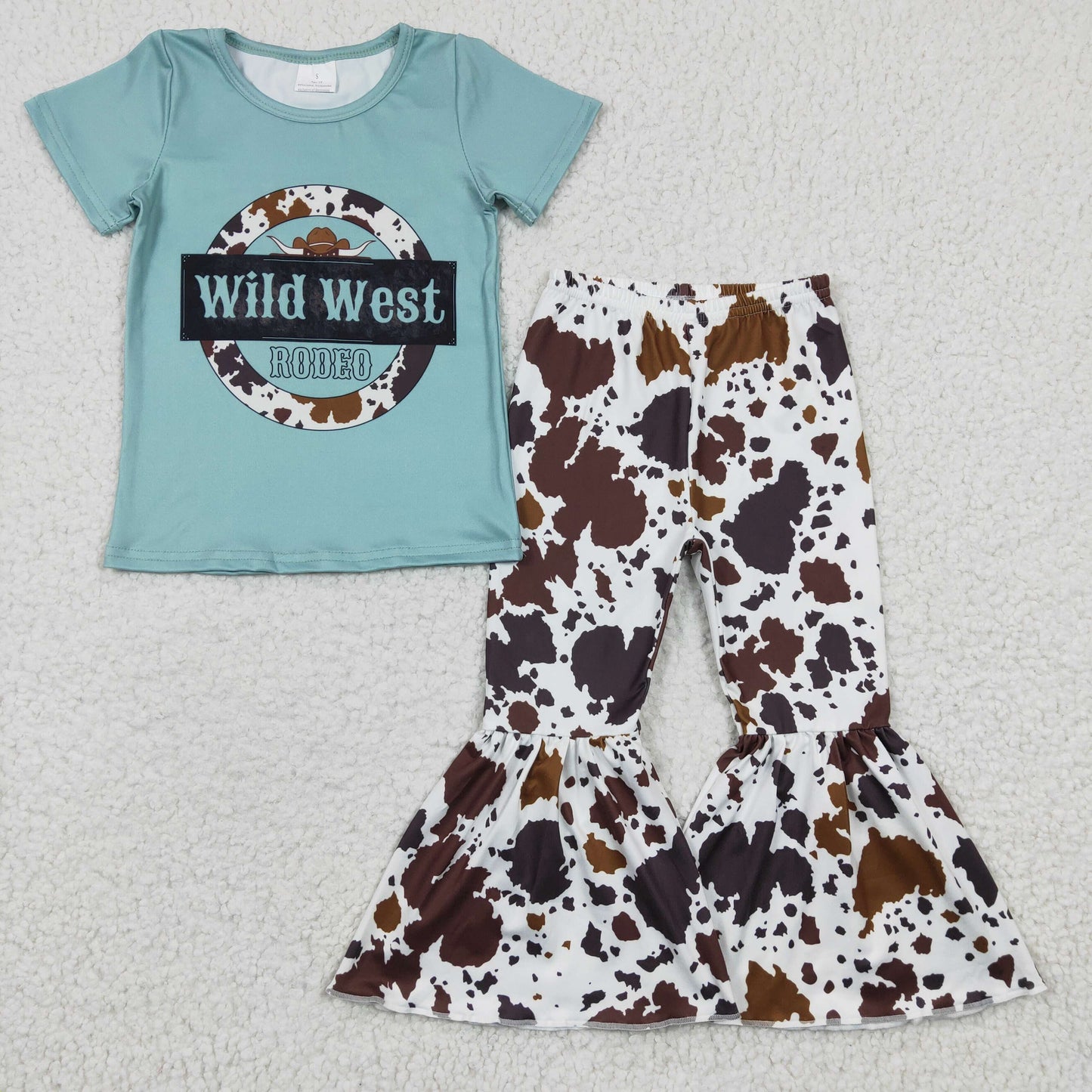 GSPO0291 Baby Girl Western Wild West Short Sleeves Shirt Cow Print Bell Pants Outfit