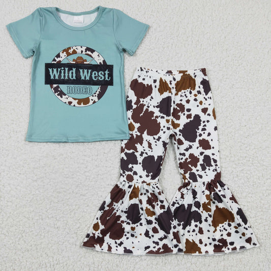GSPO0291 Baby Girl Western Wild West Short Sleeves Shirt Cow Print Bell Pants Outfit