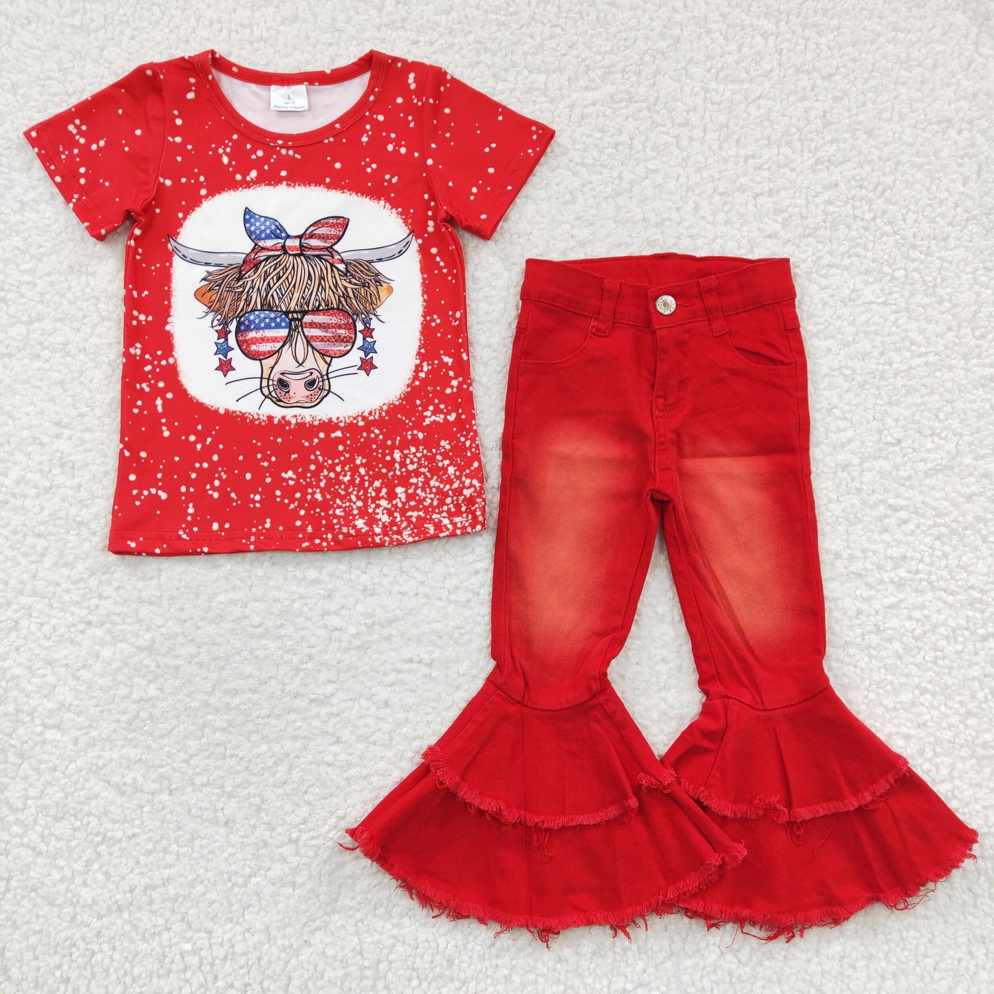 July 4th Baby Girl Western Cow Short Sleeves Shirt Red Denim Pants Outfit