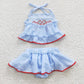 S0081 Baby Girl Embroidery Crab Summer Blue Seersucker Skirt Bummie Outfit